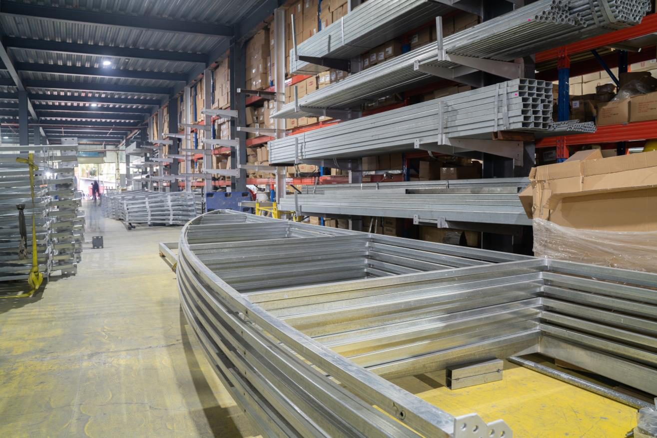 Rollformed steel sections racked in the ABI factory